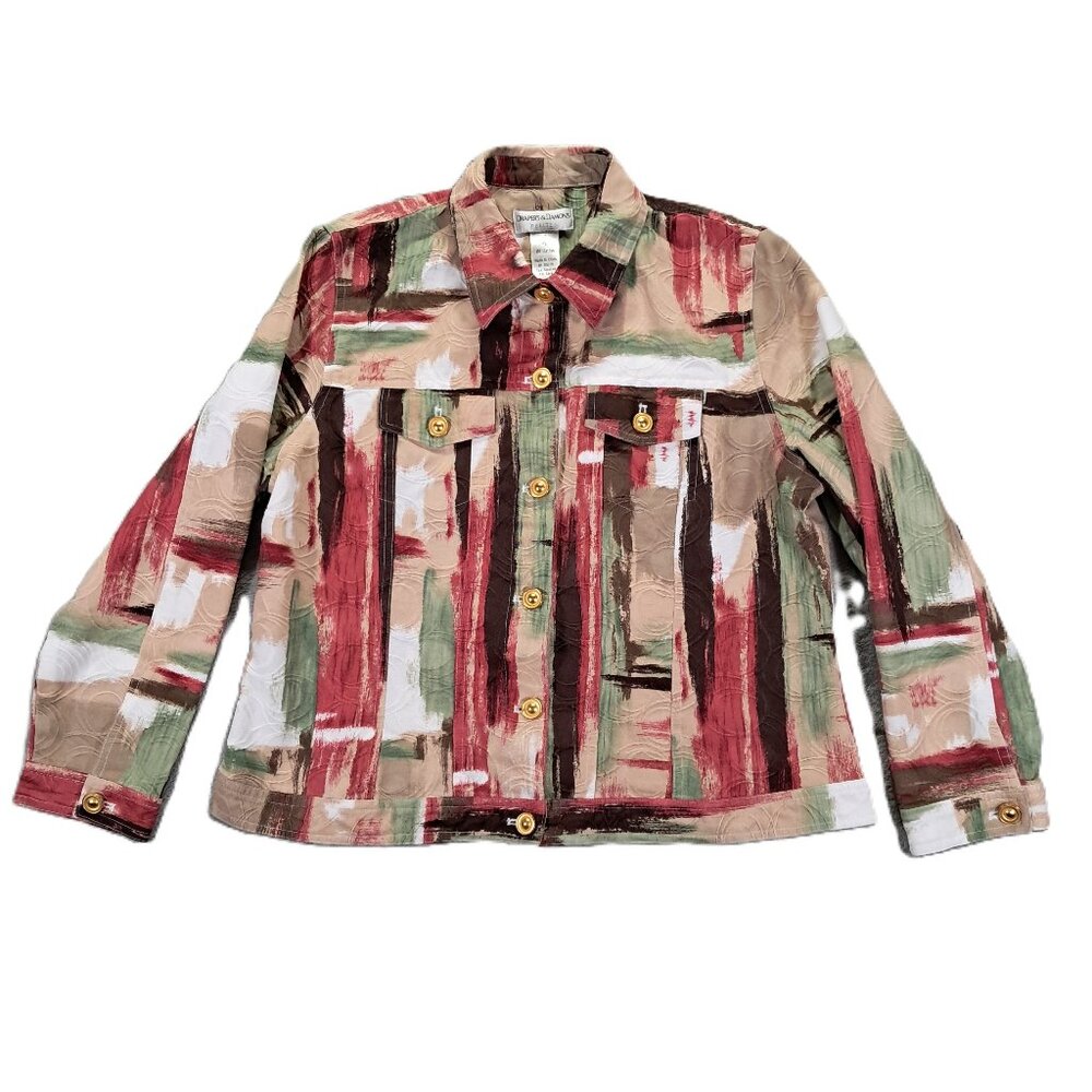 Drapers & Damons Top Women PL Long Sleeve Button Up Art Multi Color Cotton